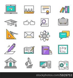 Set of thin lines, outline icons education. Items for study ruler, pencil, microscope, backpack, computer, books, glasses on white background. For web and mobile applications
