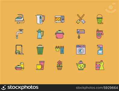 Set of thin, lines, outline, strokes icons. Cooking tools, kitchenware equipment, food preparation elements, home appliance microwave, iron, kettle, blender. For web and mobile applications