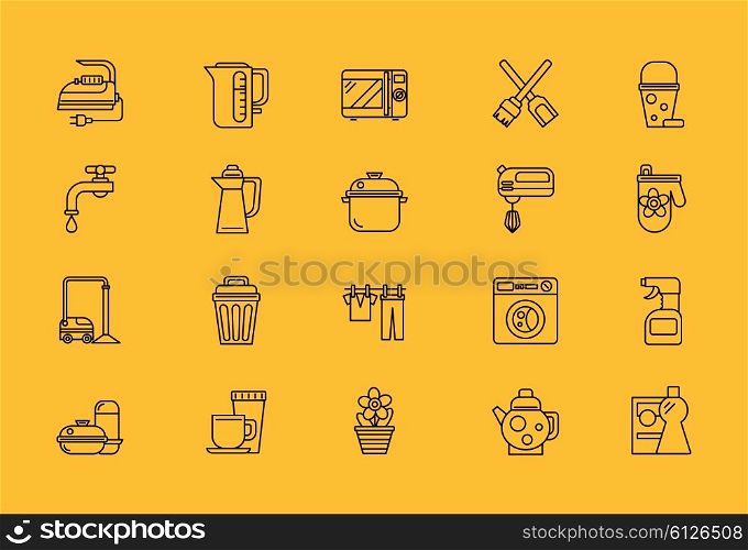 Set of thin, lines, outline, strokes icons. Cooking tools, kitchenware equipment, food preparation elements home appliance microwave iron, kettle, blender. Web mobile applications. Black on yellow