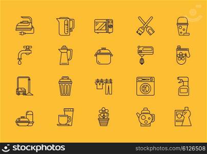 Set of thin, lines, outline, strokes icons. Cooking tools, kitchenware equipment, food preparation elements home appliance microwave iron, kettle, blender. Web mobile applications. Black on yellow