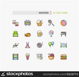 Set of thin lines picnic icons. Summertime holiday template with picnic outdoor summer accessories, illustration and icon set flat design of weekend traveling, holiday