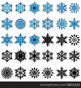 Set of thirty blue and black snowflakes isolated on a white background, hand drawing vector illustration