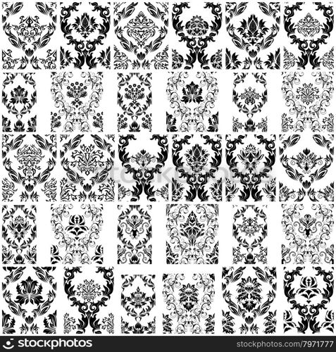 Set of Thirty Damask Seamless Vector Patterns. Elegant Design in Royal Baroque Style Background Texture. Floral and Swirl Elements. Ideal for Textile Print and Wallpapers. Vector Illustration.