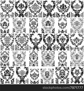 Set of Thirty Damask Seamless Vector Patterns. Elegant Design in Royal Baroque Style Background Texture. Floral and Swirl Elements. Ideal for Textile Print and Wallpapers. Vector Illustration.