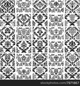 Set of Thirty Damask Seamless Vector Patterns. Elegant Design in Royal Baroque Style Background Texture. Floral and Swirl Elements. Ideal for Textile Print and Wallpapers. Vector Illustration.