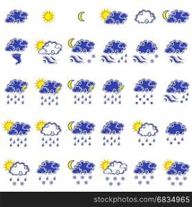 Set of thirty forecast weather vector icons isolated on the white background