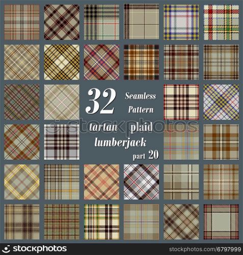 Set of thirty two tartan seamless pattern in motley colors. Lumberjack flannel shirt inspired. Seamless tartan tiles. Suitable for decorative paper, fashion design, home and handmade crafts.