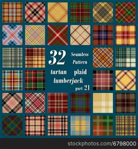 Set of thirty two tartan seamless pattern in motley colors. Lumberjack flannel shirt inspired. Seamless tartan tiles. Suitable for decorative paper, fashion design, home and handmade crafts.