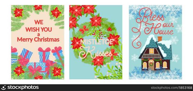 Set of three cards for christmas with different inscriptions, wishes. Christmas and Happy New Year templates. Trendy retro style.. Christmas and Happy New Year templates. Trendy retro style.