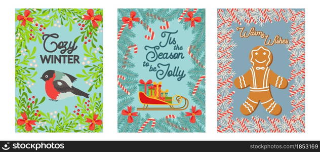 Set of three cards for christmas with different inscriptions, wishes. Christmas and Happy New Year templates. Trendy retro style.. Christmas and Happy New Year templates. Trendy retro style.