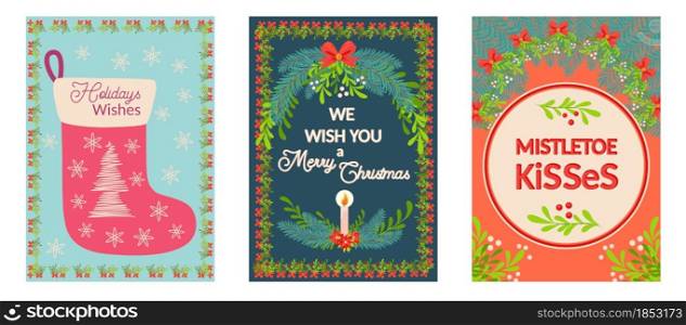 Set of three cards for christmas with different inscriptions, wishes. Christmas and Happy New Year templates. Trendy retro style.. Christmas and Happy New Year templates. Trendy retro style.