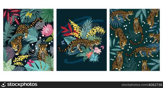 Set of three cards with tropical leaves and jaguar, hand drawn vector art