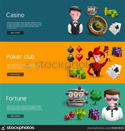 Set Of Three Casino Banners. Banners set of mix casino icons separated on casino poker club and fortune groups cartoon vector illustration