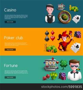 Set Of Three Casino Banners. Banners set of mix casino icons separated on casino poker club and fortune groups cartoon vector illustration