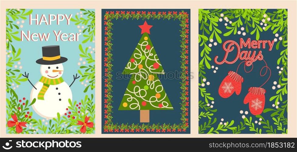 SET of three Christmas and Happy New Year templates. Trendy retro design template.. Christmas and Happy New Year templates. Trendy retro style. design template.