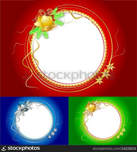 Set of three christmas shiny frames with bells and pine branches, vector illustration