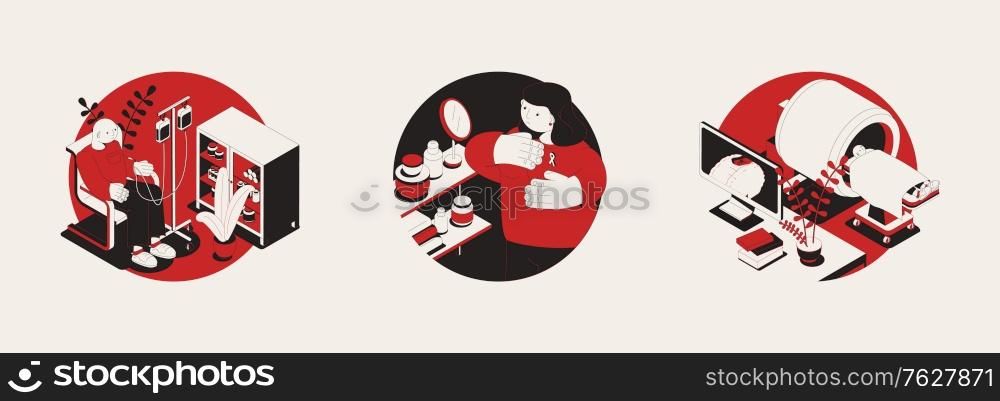 Set of three circle cancer compositions with human characters and medical appliances with drugs medication images vector illustration