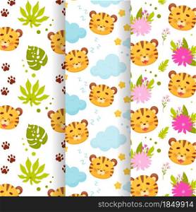 Set of three cute cartoon baby tiger pups seamless patterns. Vector illustration