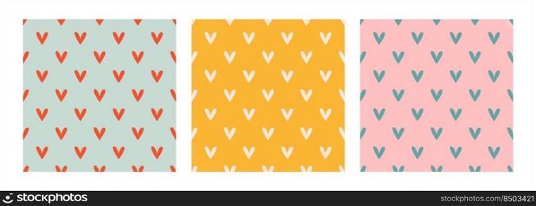 Set of three cute seamless pattern with simple small heart. Trendy hand-drawn colorful hearts. Valentine s day, love concept. Minimalistic repeatable vector design for stationery, textile, web design