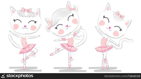 Set of three cute white ballerina cats in pink ballet tutu and pointe
