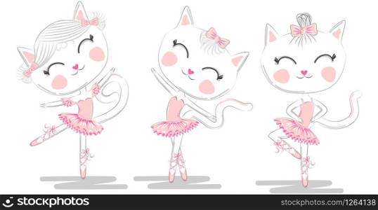 Set of three cute white ballerina cats in pink ballet tutu and pointe