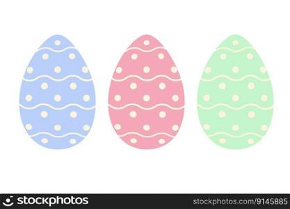 Set of three Easter eggs in trendy blue, pink and green with a simple pattern of wavy lines and dots. Happy Easter. Holiday. Sticker. Icon. Isolate. Design for poster, banner or greeting, label. EPS