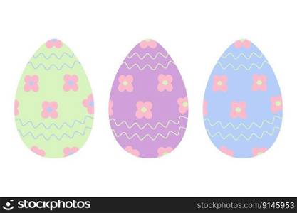 Set of three Easter eggs in trendy soft green, lilac and blue with abstract pattern of wavy lines and flowers. Sticker. icon. Isolate. Design for poster, banner, brochures or greeting, price tag. EPS
