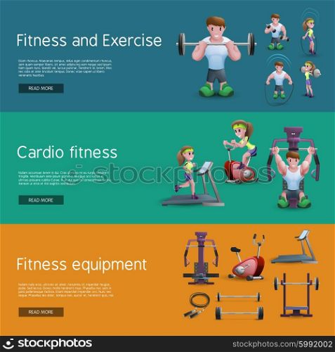 Set Of Three Fitness Banners. Banners set of people doing exercise people on cardio training tools and fitness equipment cartoon vector illustration