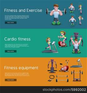 Set Of Three Fitness Banners. Banners set of people doing exercise people on cardio training tools and fitness equipment cartoon vector illustration