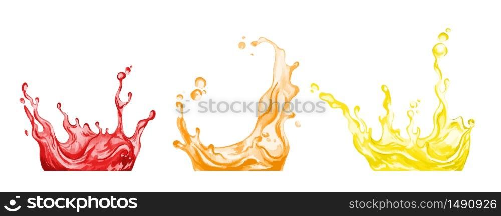 Set of three full color juice splashes, hand drawn vector watercolor illustration