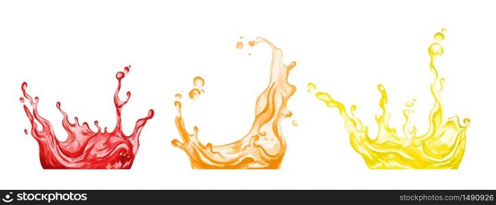 Set of three full color juice splashes, hand drawn vector watercolor illustration