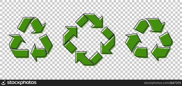 Set of three green recycle icons on transparent background. Eps10. Set of three green recycle icons on transparent background