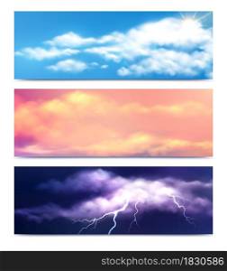 Set of three horizontal clouds banners with realistic nature views of clear dusty and stormy sky vector illustration. Realistic Clouds Banners Set