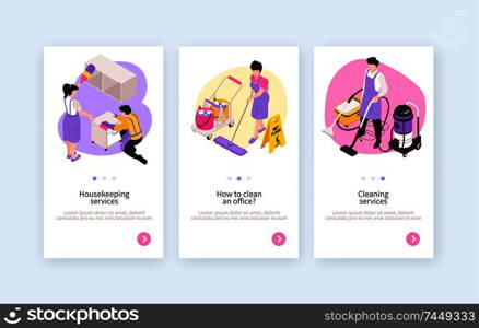 Set of three isolated isometric cleaning service vertical banners with clickable buttons and editable text description vector illustration