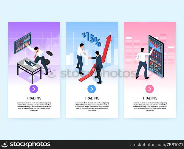 Set of three isometric stock market exchange trading vertical banners with images text and clickable button vector illustration