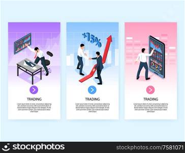 Set of three isometric stock market exchange trading vertical banners with images text and clickable button vector illustration