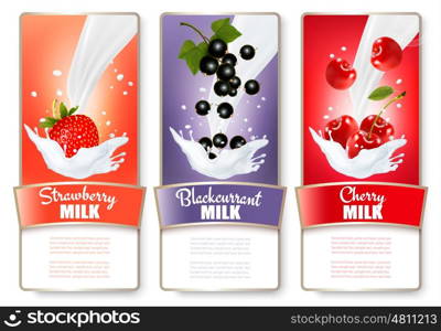 Set of three labels of berries in milk splashes. Strawberry, blueberry, raspberry. Vector.