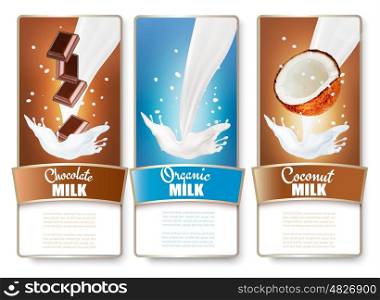 Set of three labels of chocolate and coconut milk splashes. Vector.