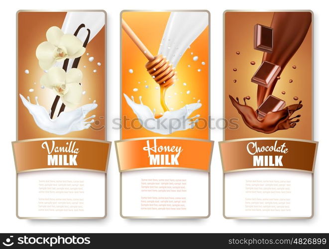 Set of three labels of chocolate, honey and vanilla milk splashes. Vector.