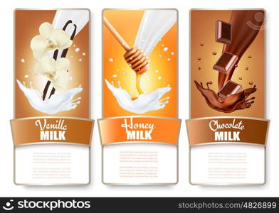 Set of three labels of chocolate, honey and vanilla milk splashes. Vector.