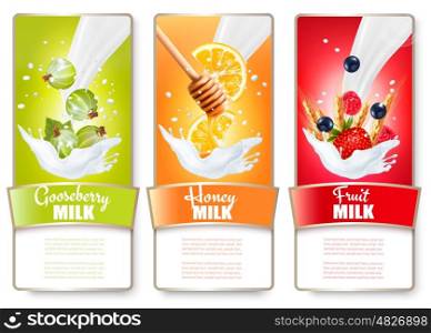 Set of three labels of fruit and berries in milk splashes. Gooseberry, strawberry, blueberry, honey, orange. Vector.