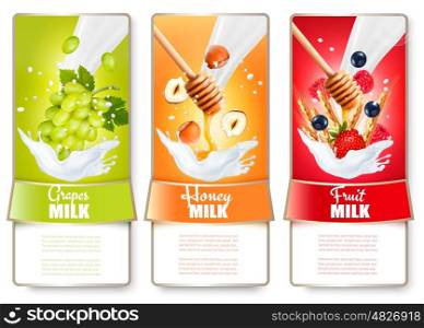 Set of three labels of fruit and berries in milk splashes. Grapes, strawberry, blueberry, honey, nut. Vector.