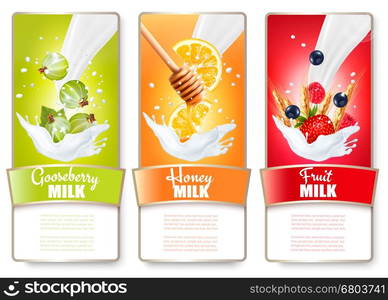 Set of three labels of fruit and berries in milk splashes. Gooseberry, strawberry, blueberry, honey, orange. Vector.