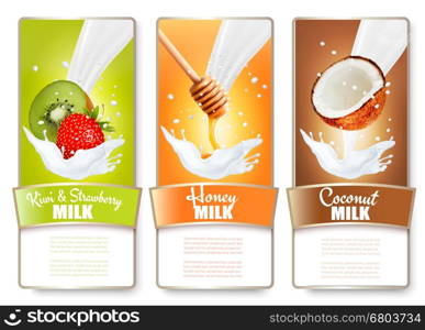 Set of three labels of fruit and berries in milk splashes. Kiwi, strawberry, honey, coconut. Vector.