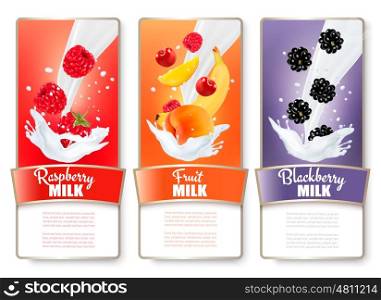 Set of three labels of fruit and berries in milk splashes. Raspberry, apricot, banana, blackberry. Vector.