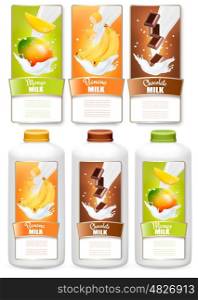 Set of three labels of fruit in milk splashes and bottles with tags. Mango, bananas, chocolate. Vector.