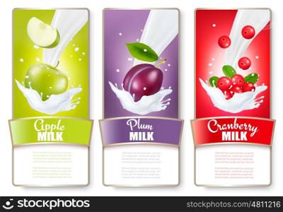 Set of three labels of fruit in milk splashes. Apple, plum, cranberry. Vector.