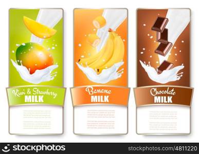 Set of three labels of fruit in milk splashes. Mango, bananas, chocolate. Vector.