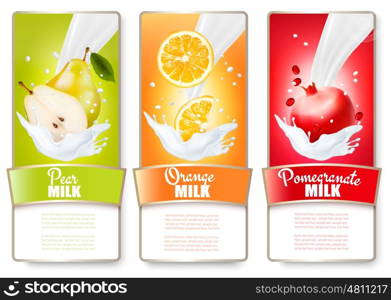 Set of three labels of fruit in milk splashes. Pear, orange, pomegranate. Vector.