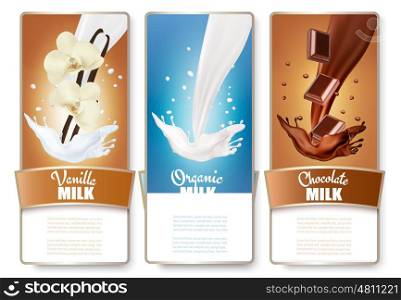 Set of three labels of milk, chocolate and vanilla milk splashes. Vector.